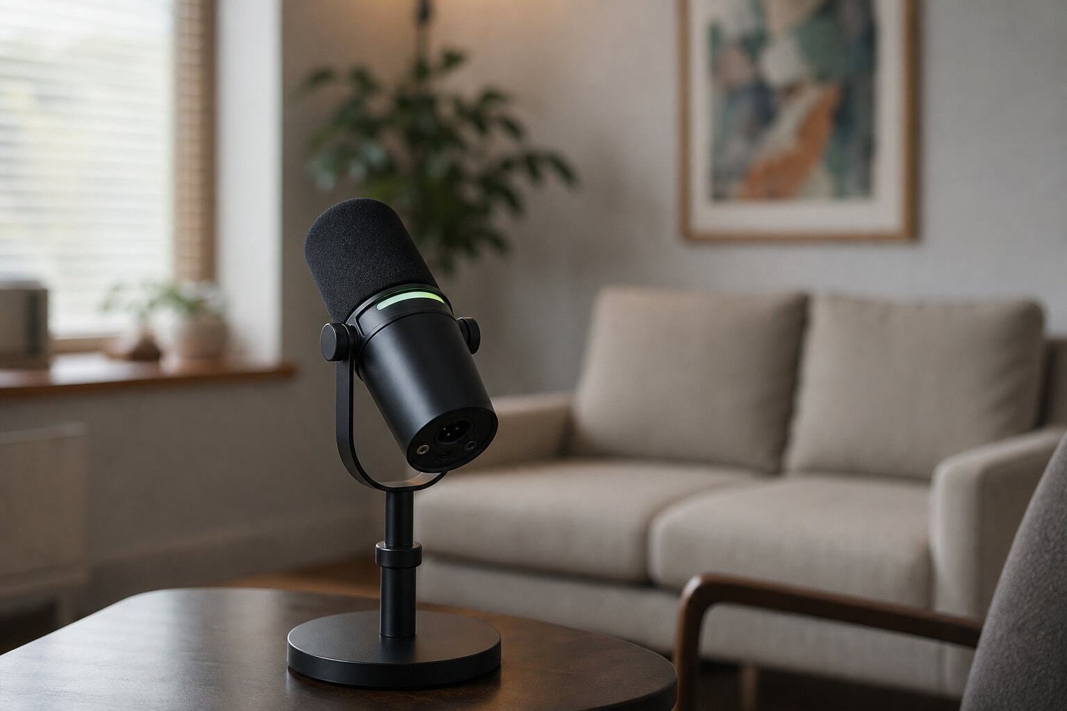 Shure MV7 podcast microphone on table with sofa in the background