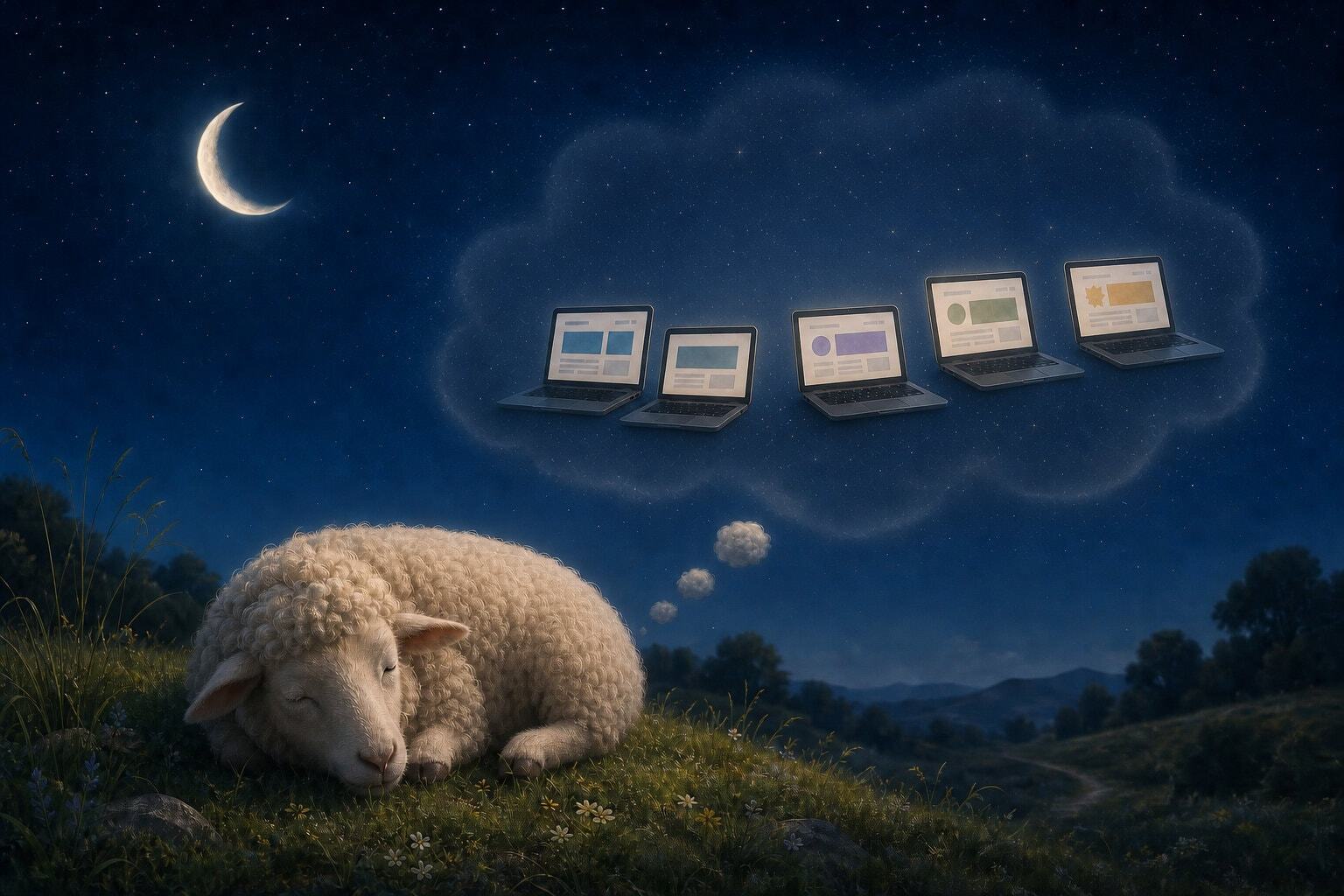 Sleeping Sheep Under a Night Sky Dreaming of Counting Websites
