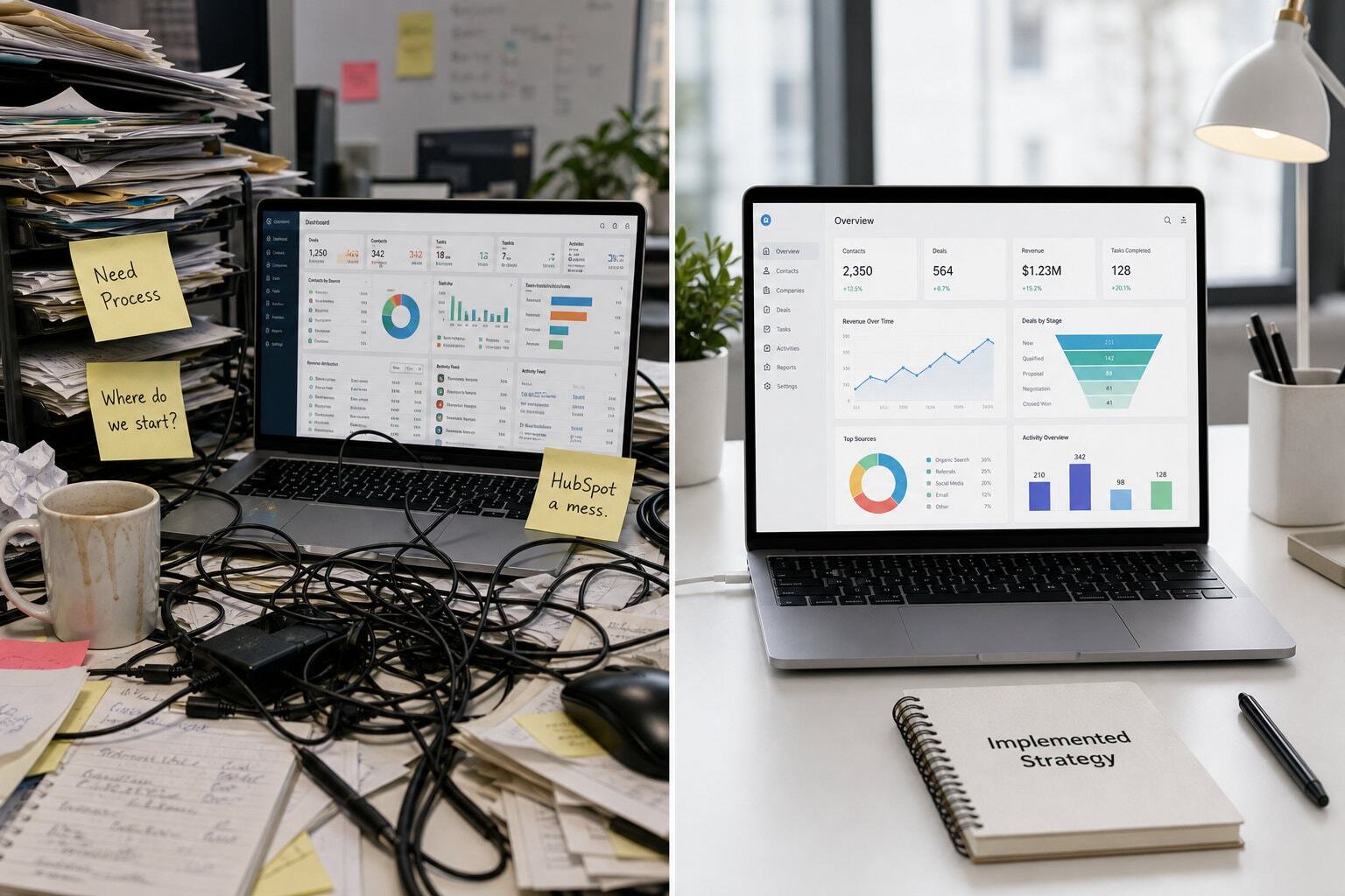 Split screen of office desks one in chaos vs the other in perfect order