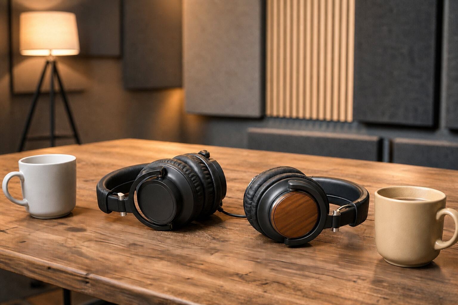 Studio headphones on a table in recording studio setting