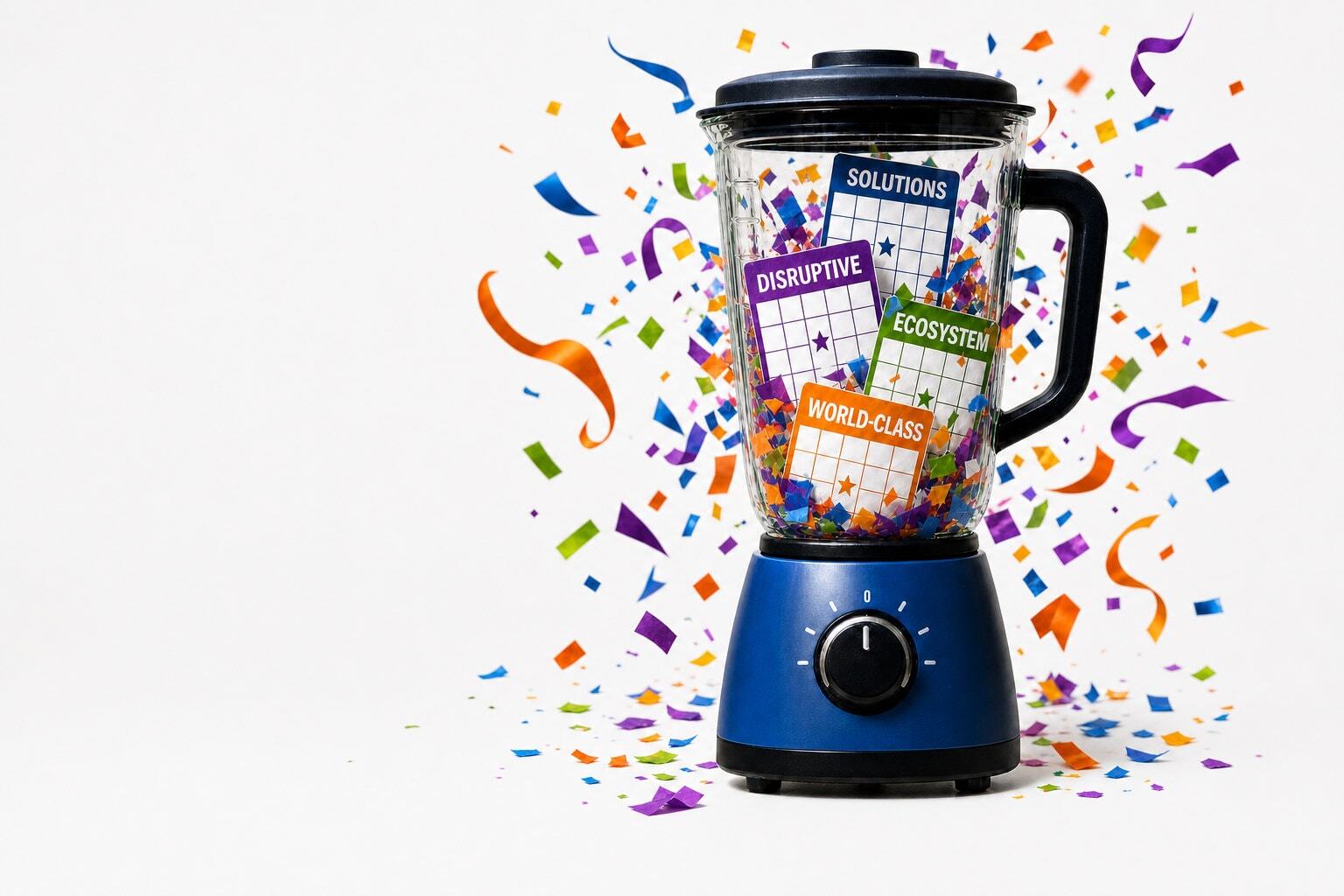 Tech buzzword bingo cards in a blender and a white background