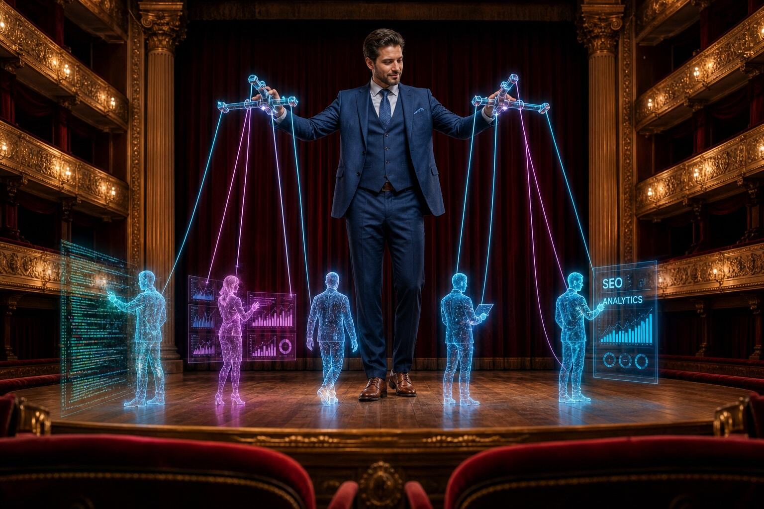 Theatrical stage with holographic puppeteer controlling digital performers