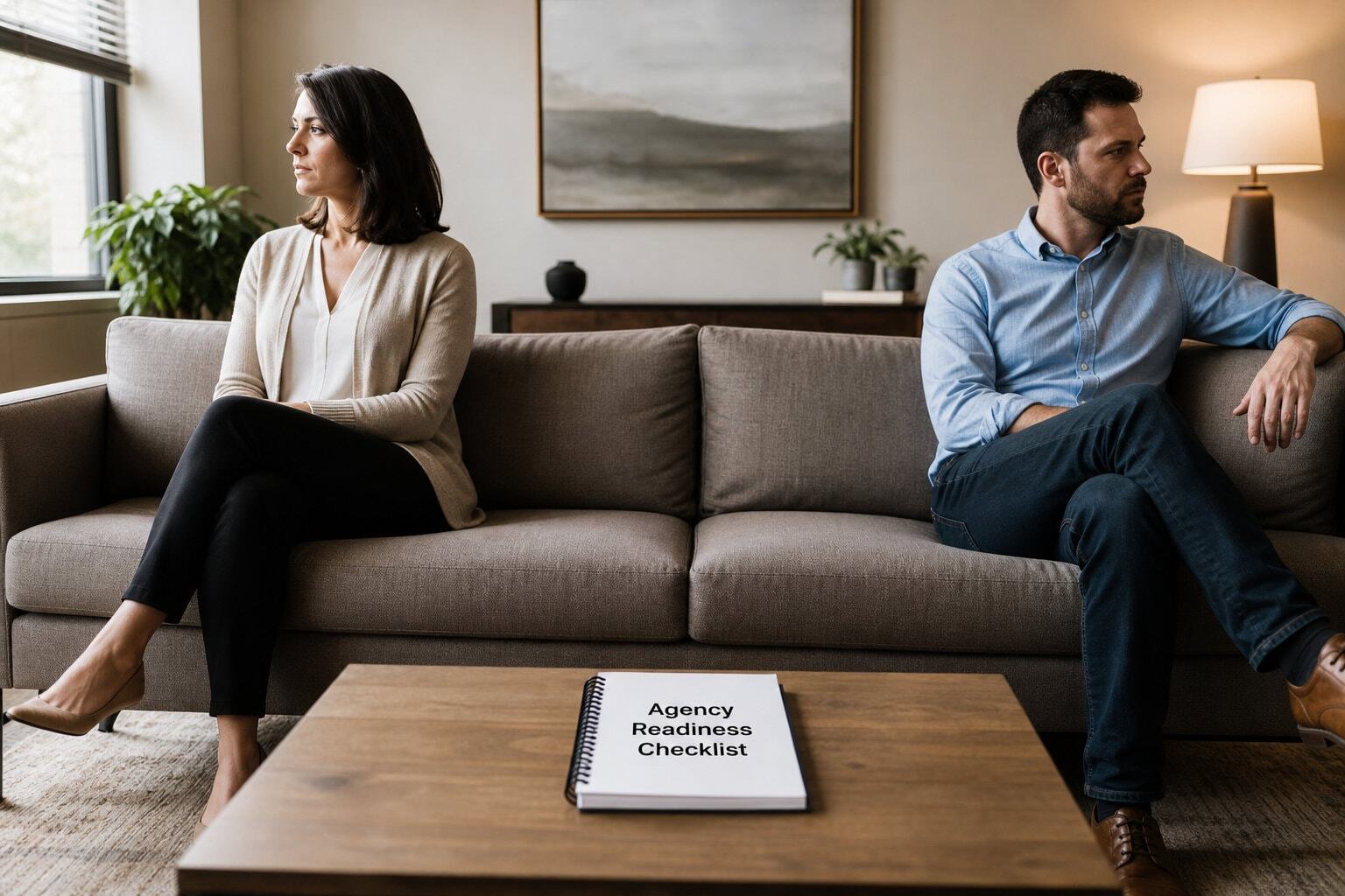 Couple on the therapist couch with Agency Readiness Checklist on the table