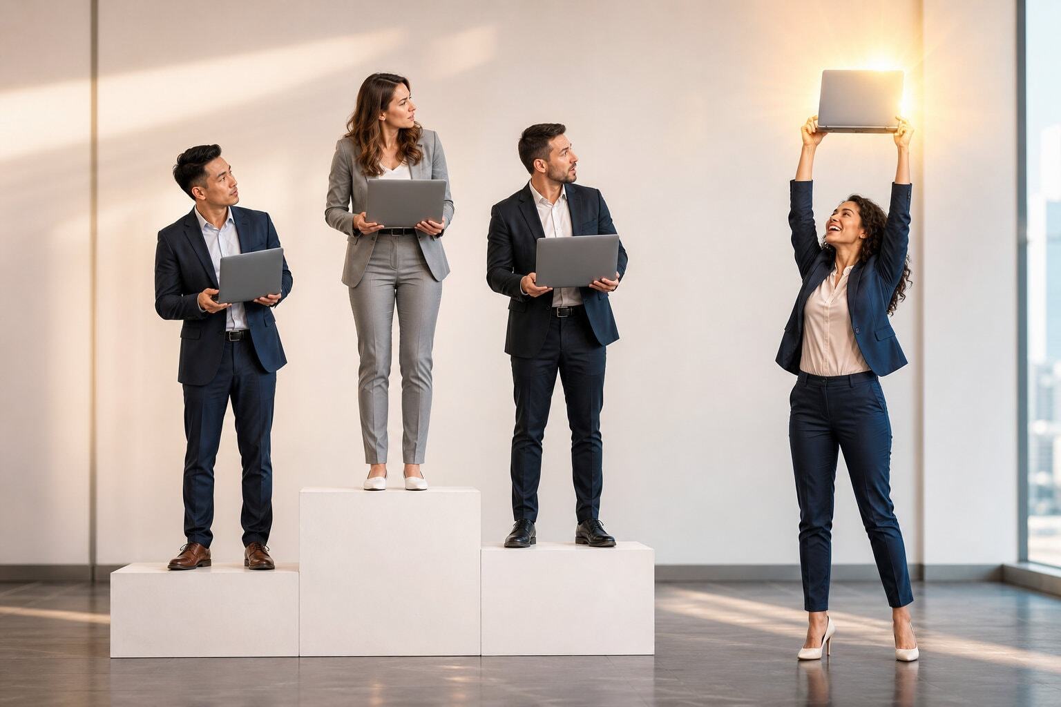 Triumphant contestant holding shining laptop above her head