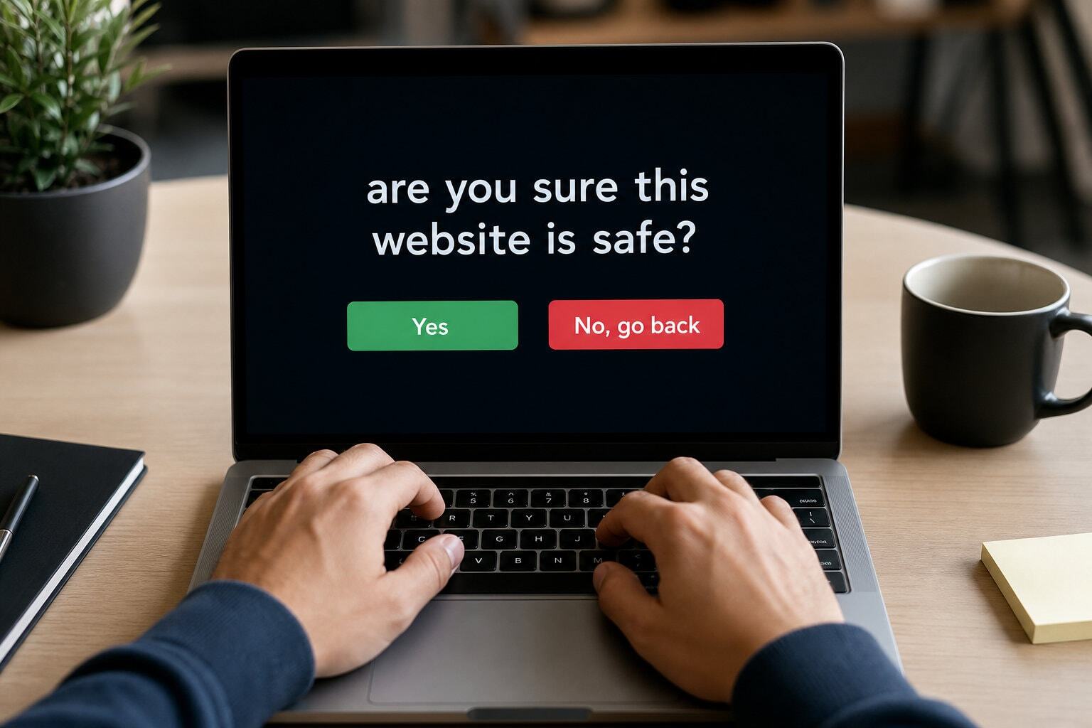 Viewers hands on laptop keyboard showing website safety prompt