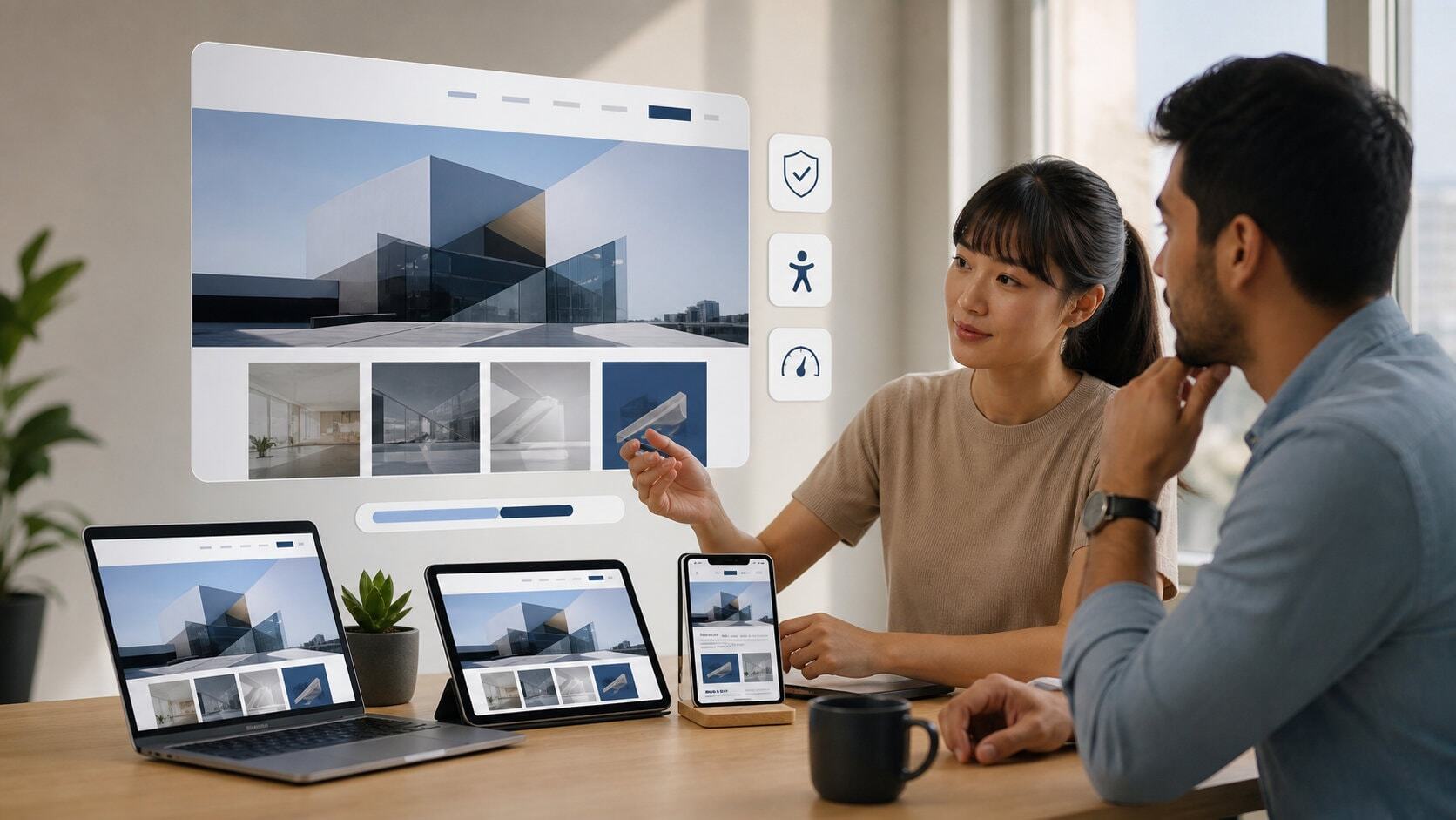 Website team reviewing graphics on different devices