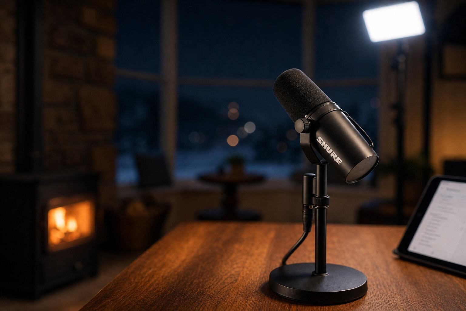 Microphone on a desk in a warm, fire lit room on a winters night