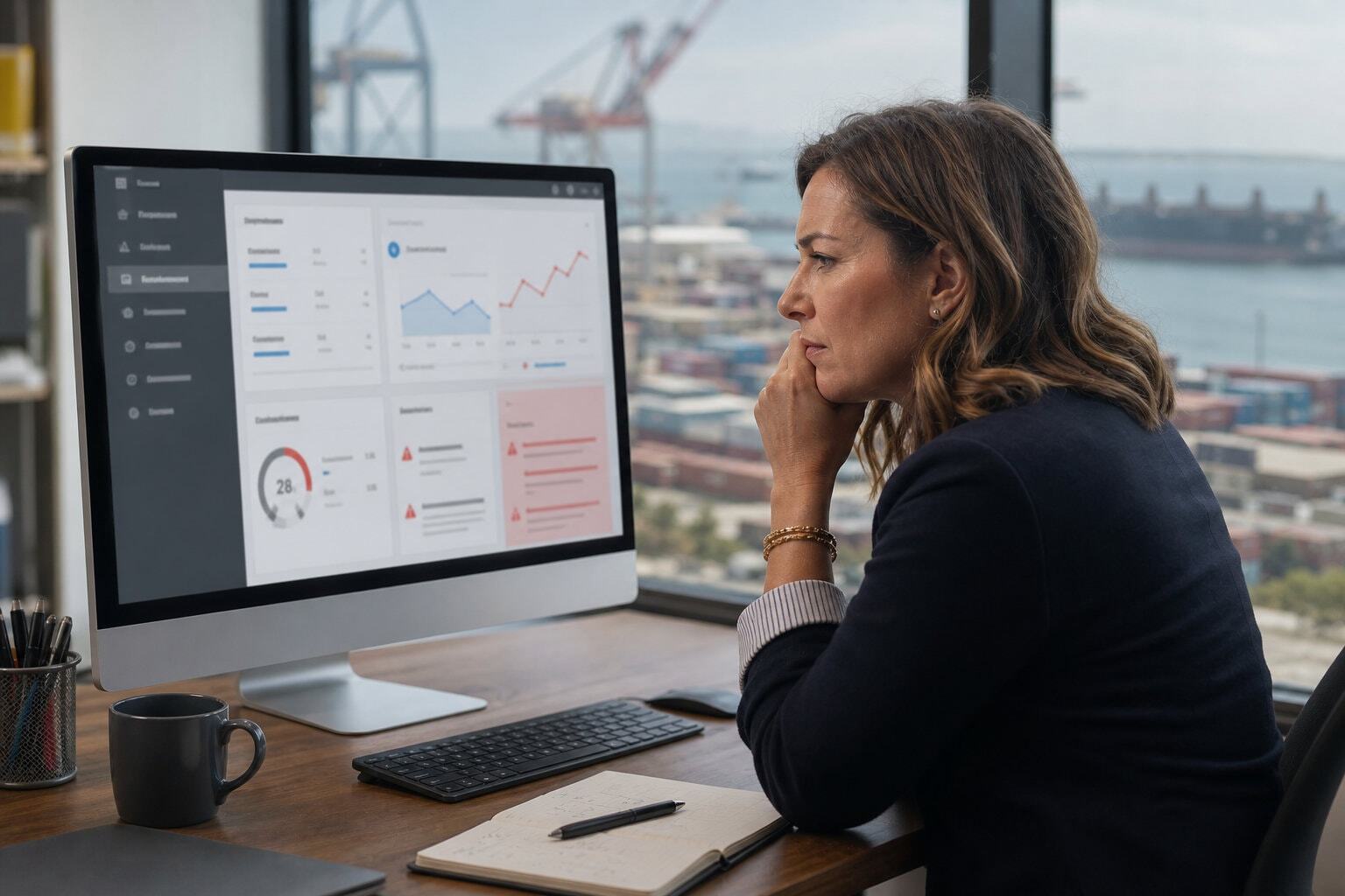 Woman In a corporate office overlooking an industrial harbour