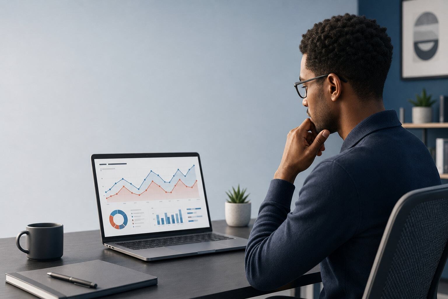 Man looking at YouTube channel report highlights, marketing issues and view count limitations