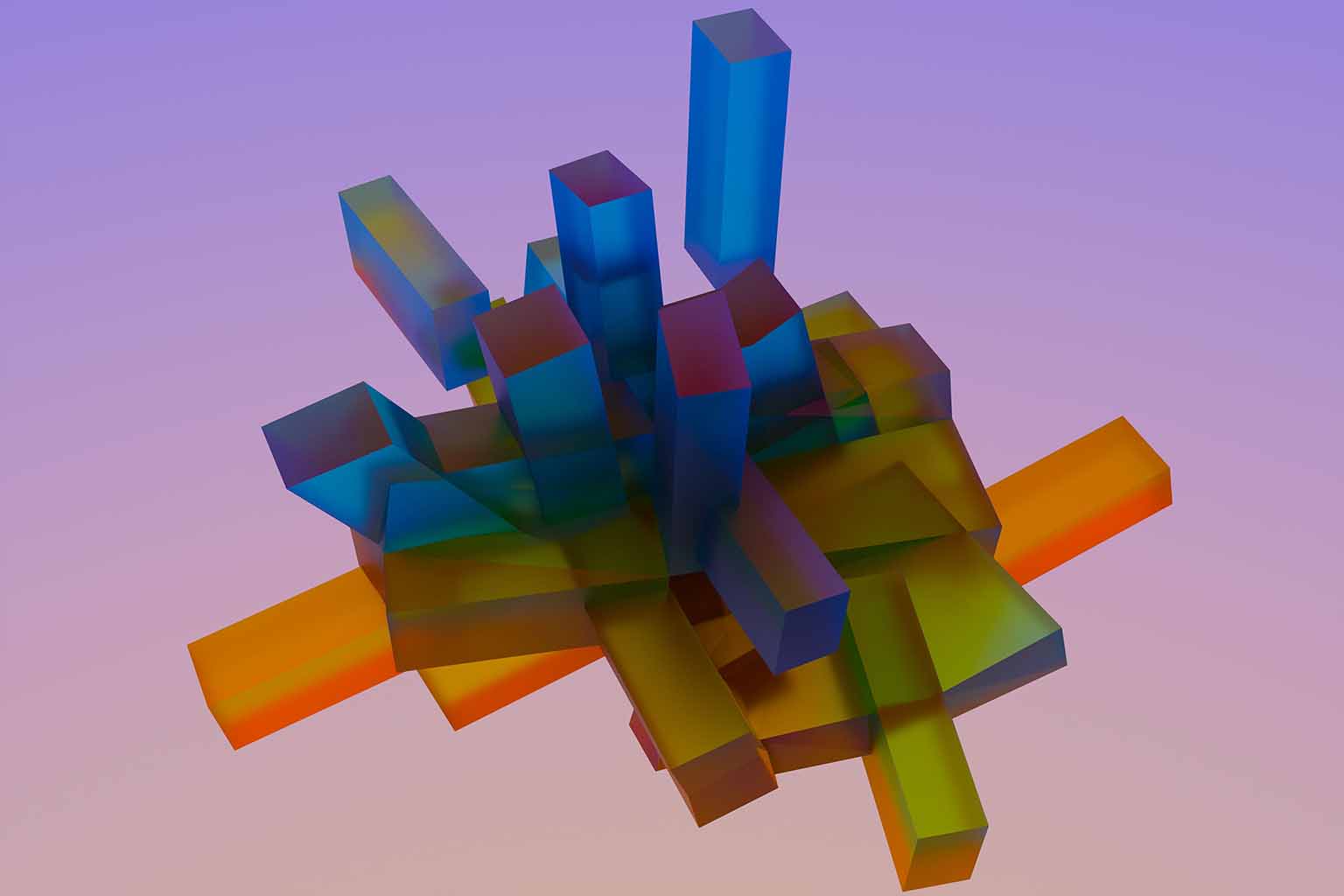 A cluster of orange, blue and green rectangles in the process of rearranging themselves