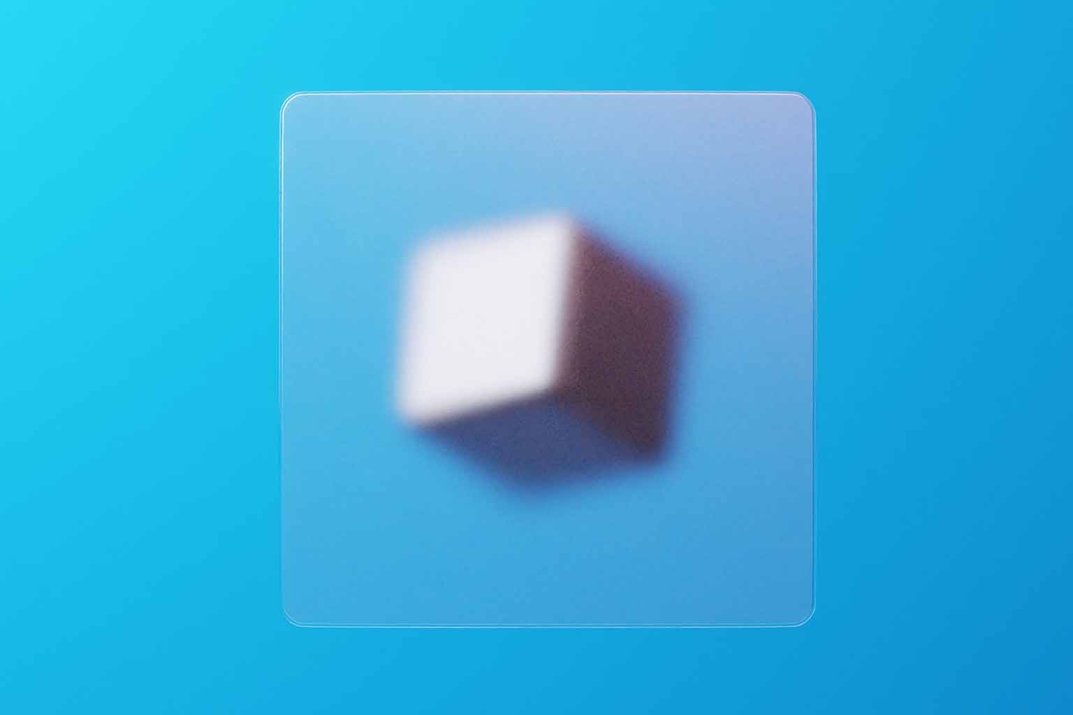 A levitating metallic textured cube against a blue background and blurred out by a square frosted glass panel