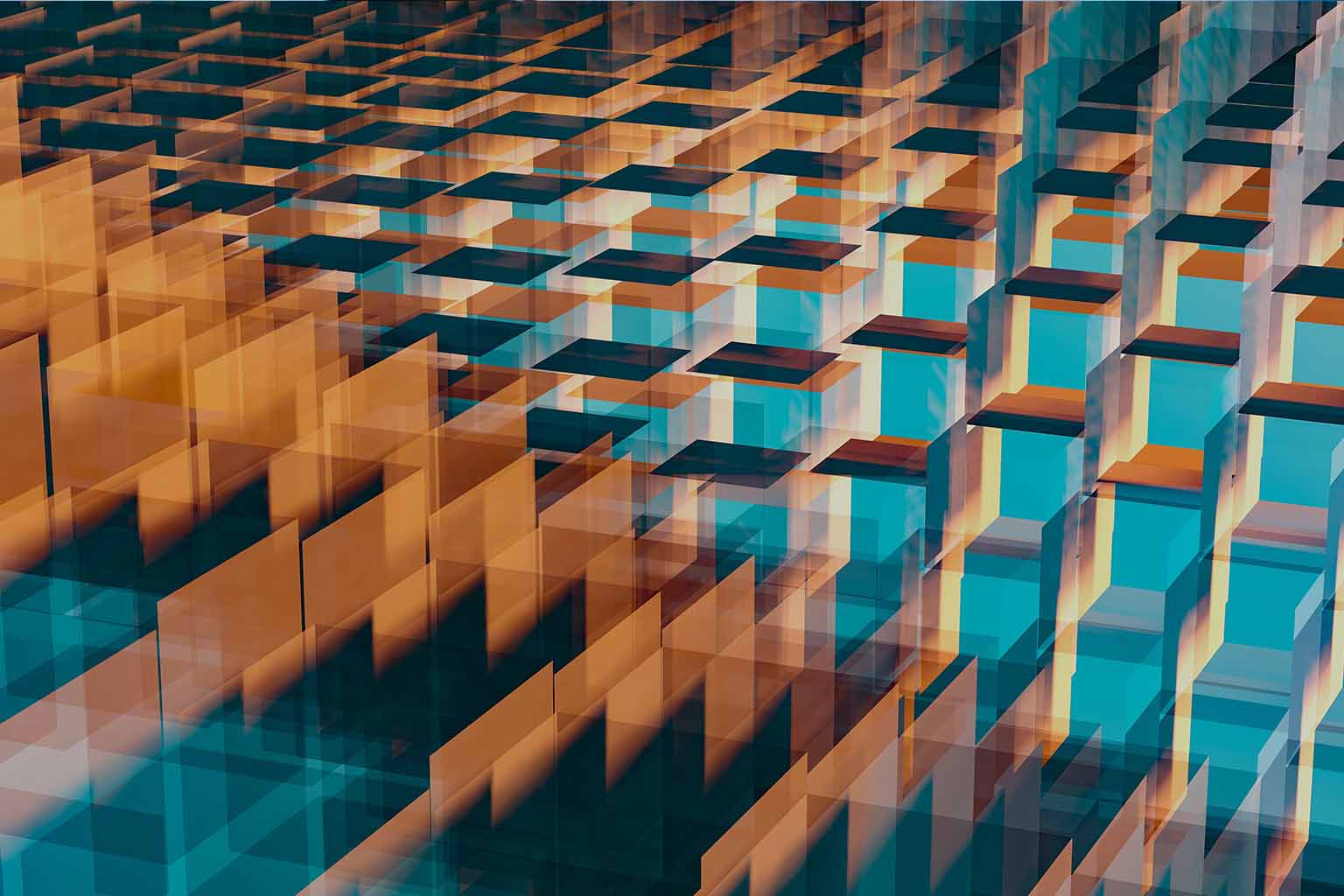 Repetition of cubic geometric glass structures with yellow and teal light accents