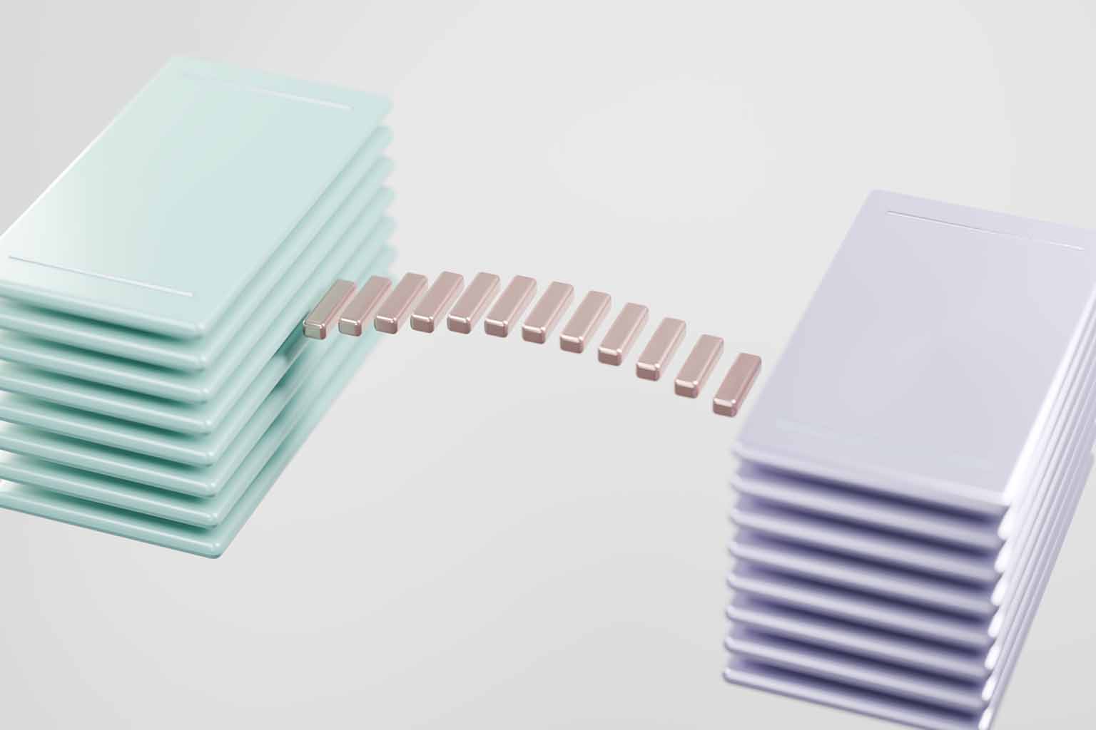 Abstract 3D representation of a bridge linking two siloed layered blocks
