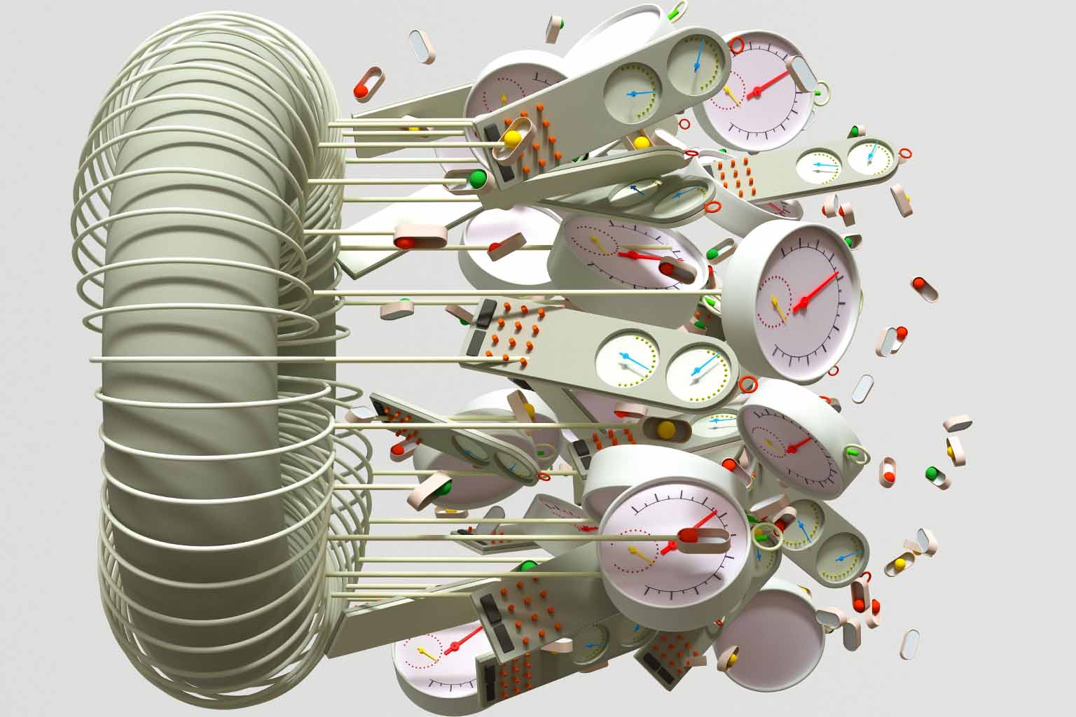 A 3D image of a mess of clocks, watches and timers ticking different times