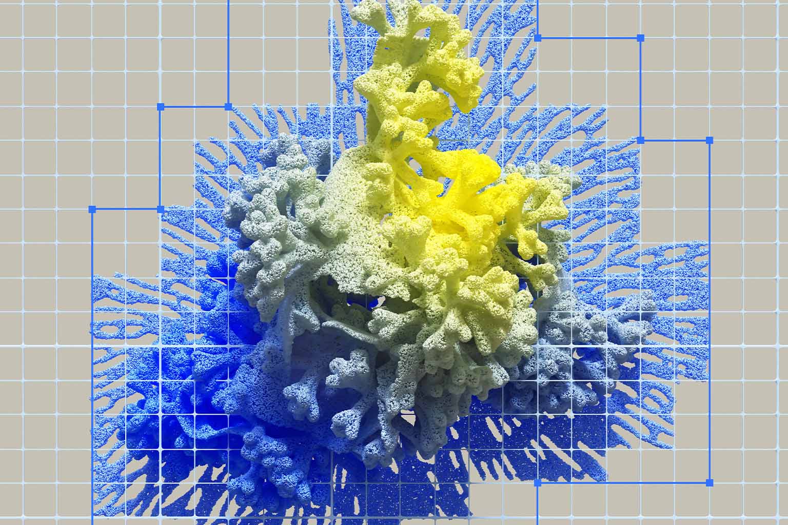 3D representation of a cloud of particles hovering and crawling over a digital tiled board
