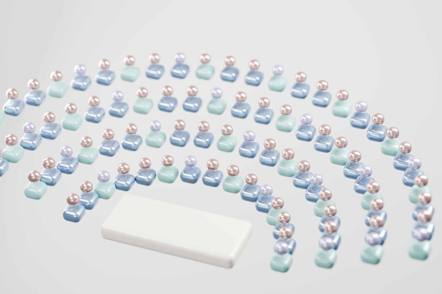 3D representation of an audience sitting around a teaching platform in a lecture hall