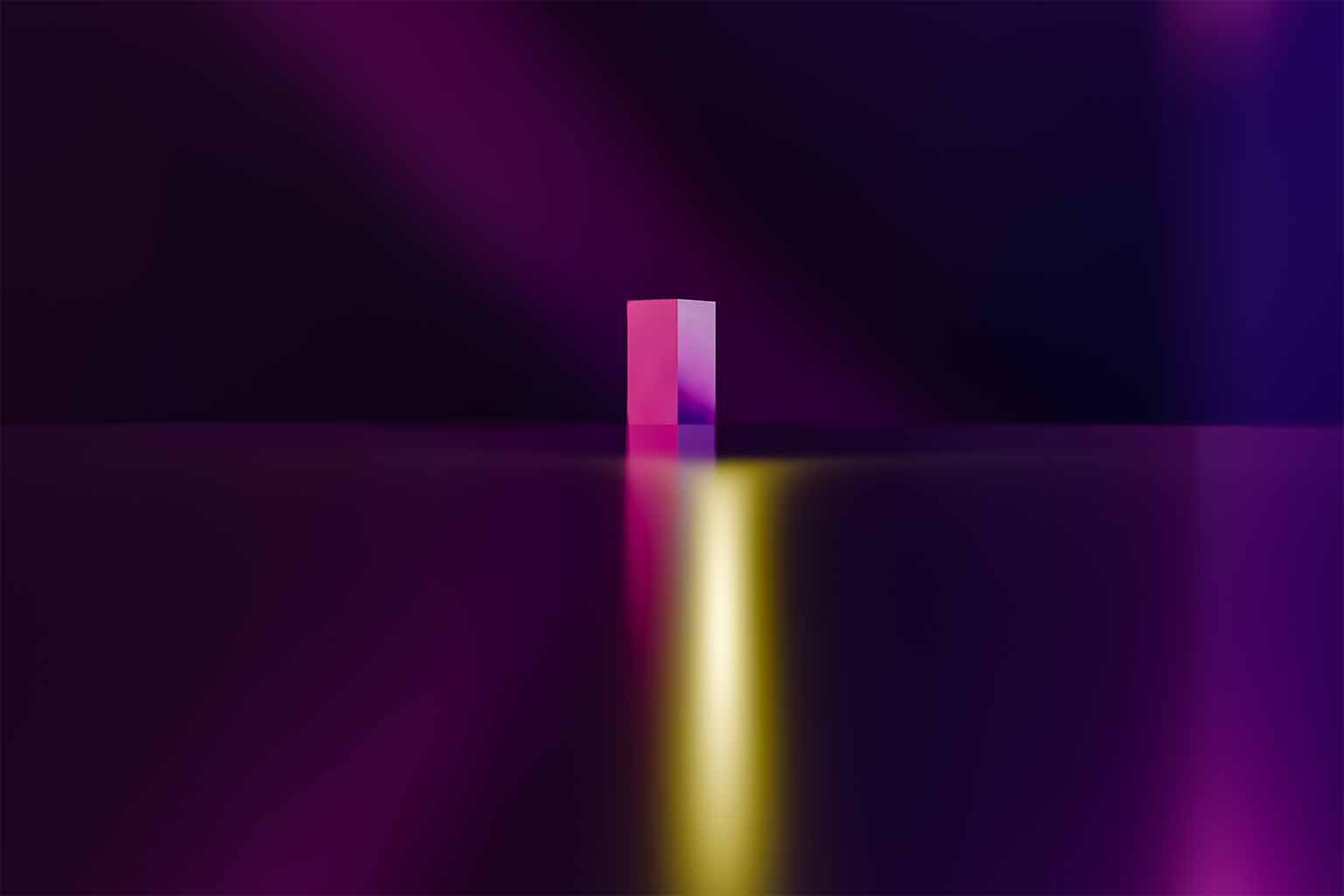 An open door leading from a dark purple space to a bright pink space beyond