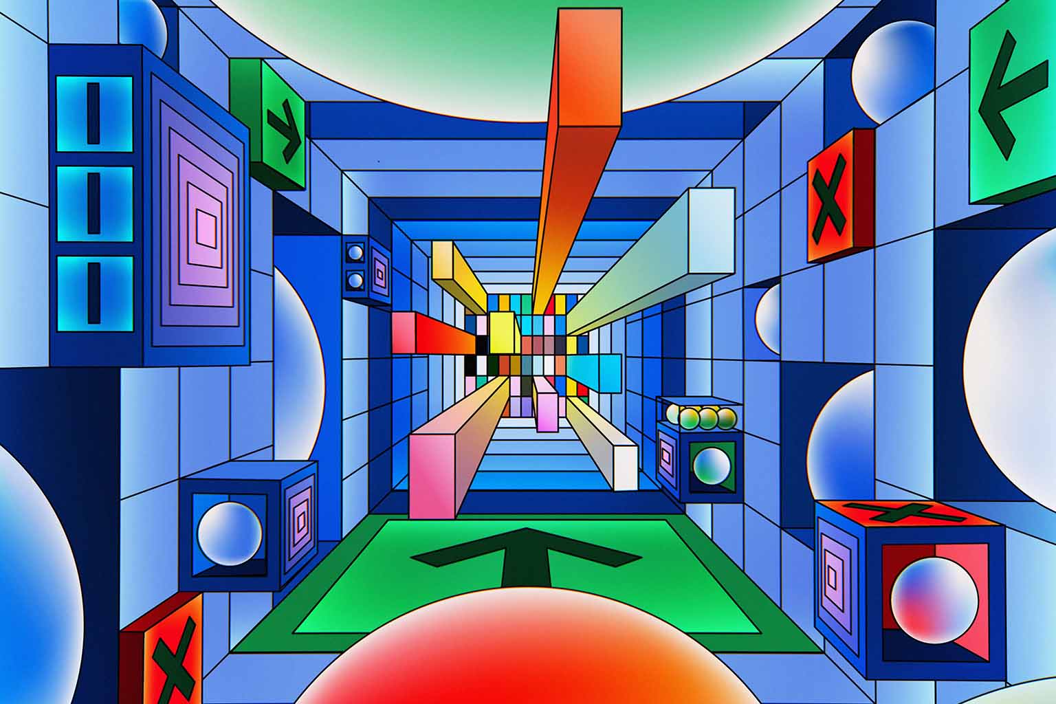 Artistic interpretation of a colourful digital corridor