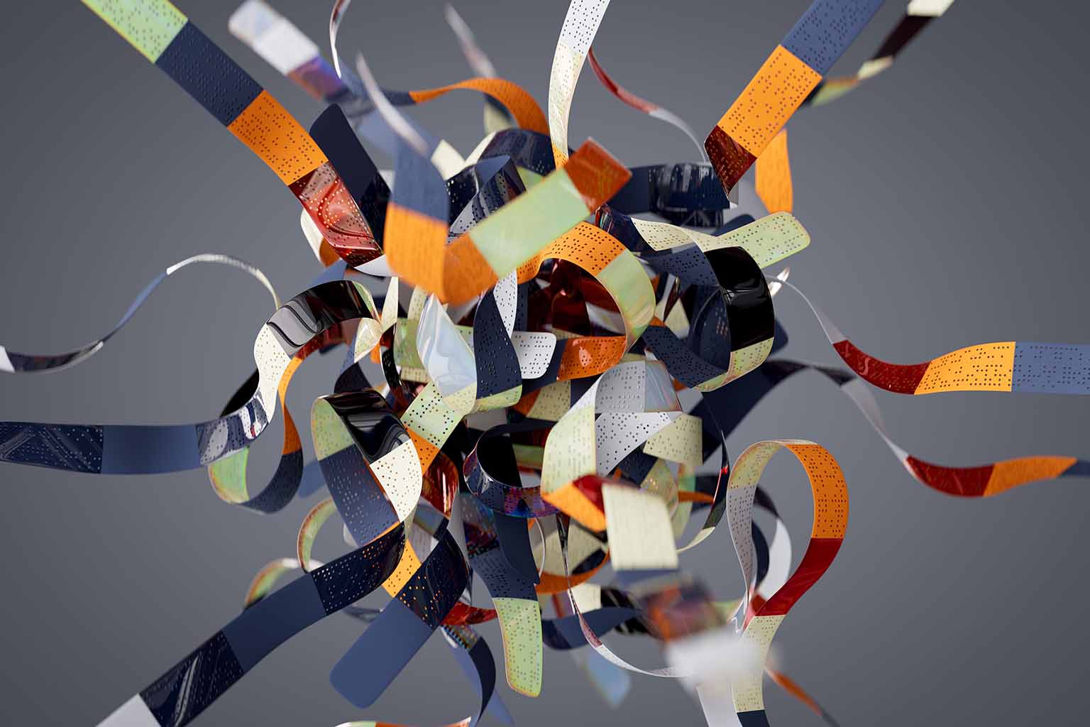 A tangle of colourful strips against an anthracite background