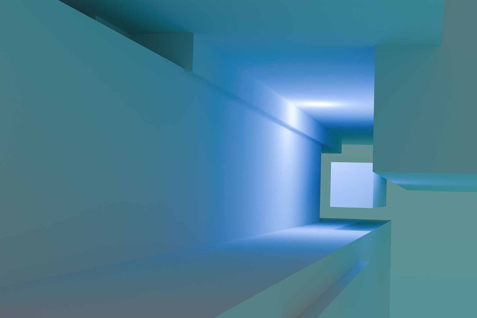 A levitating cube floating in an abstract space and slotting perfectly into a square shaped tunnel