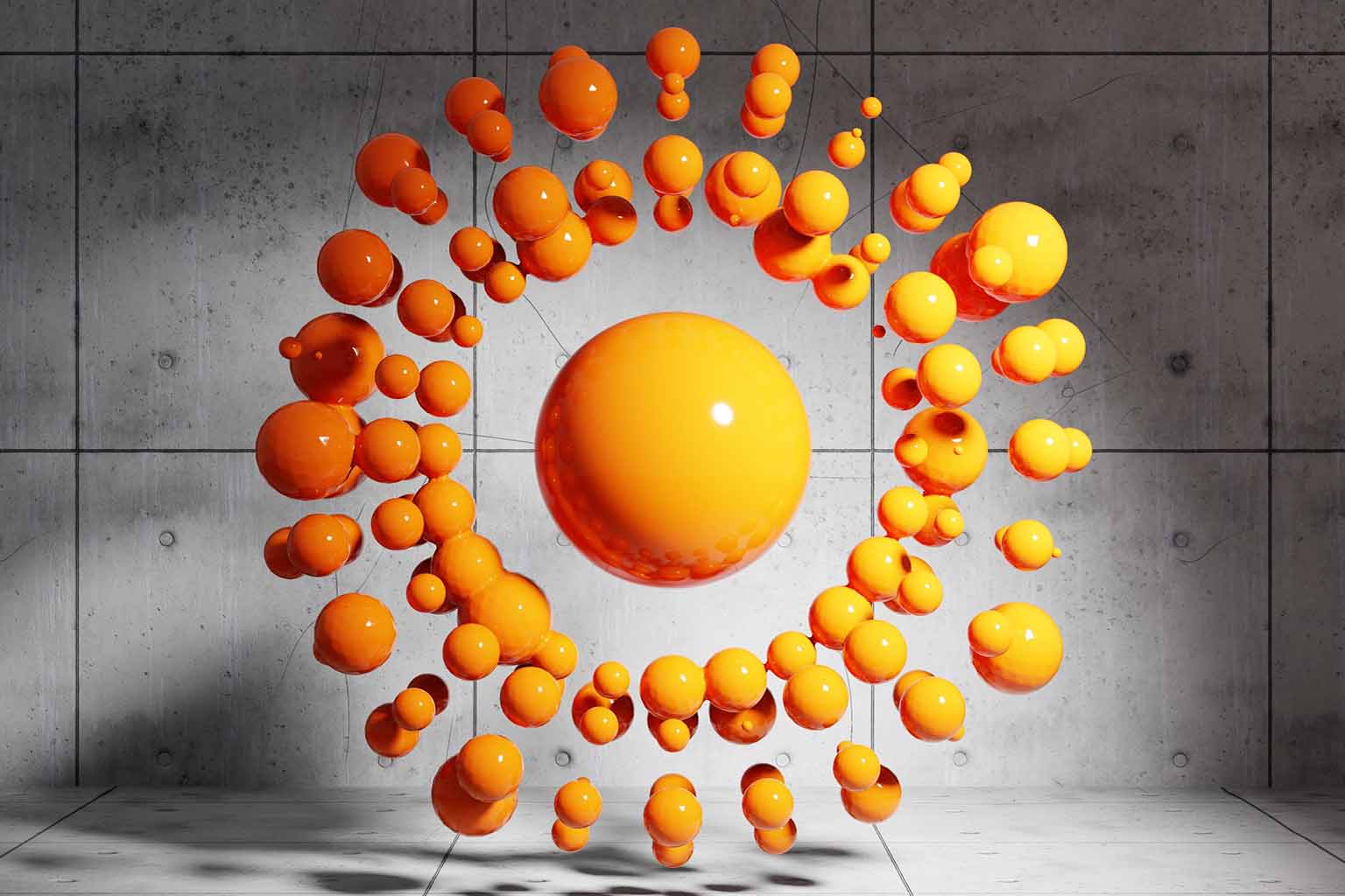 A vibrant orange installation exhibited in a concrete art space