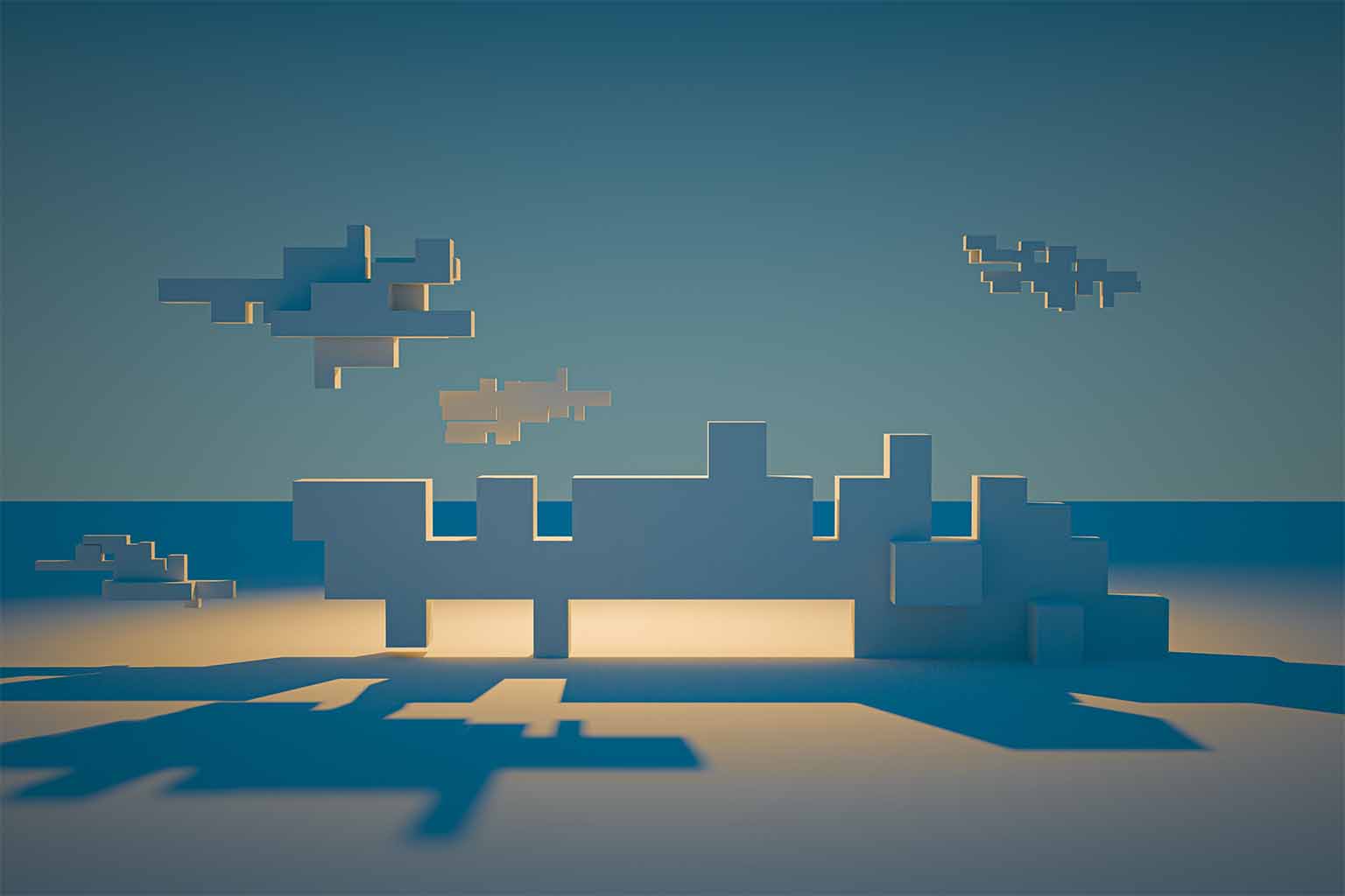 A peaceful digital landscape filled with pixel shapes casting dramatic shadows
