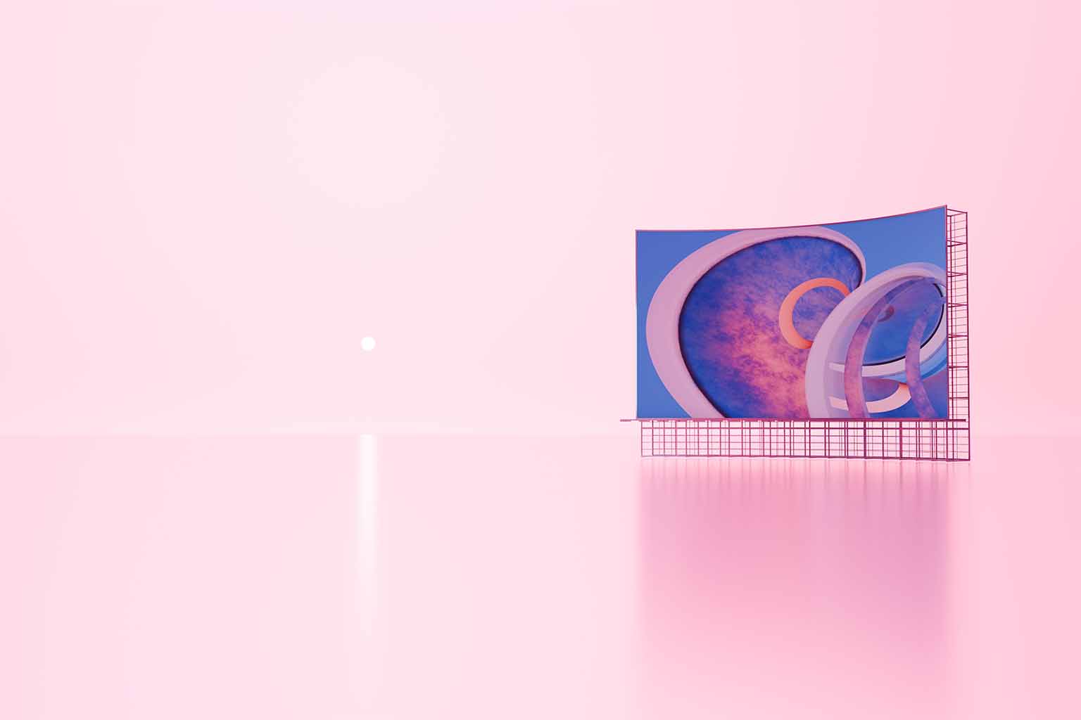 A digital billboard in a pink abstract landscape