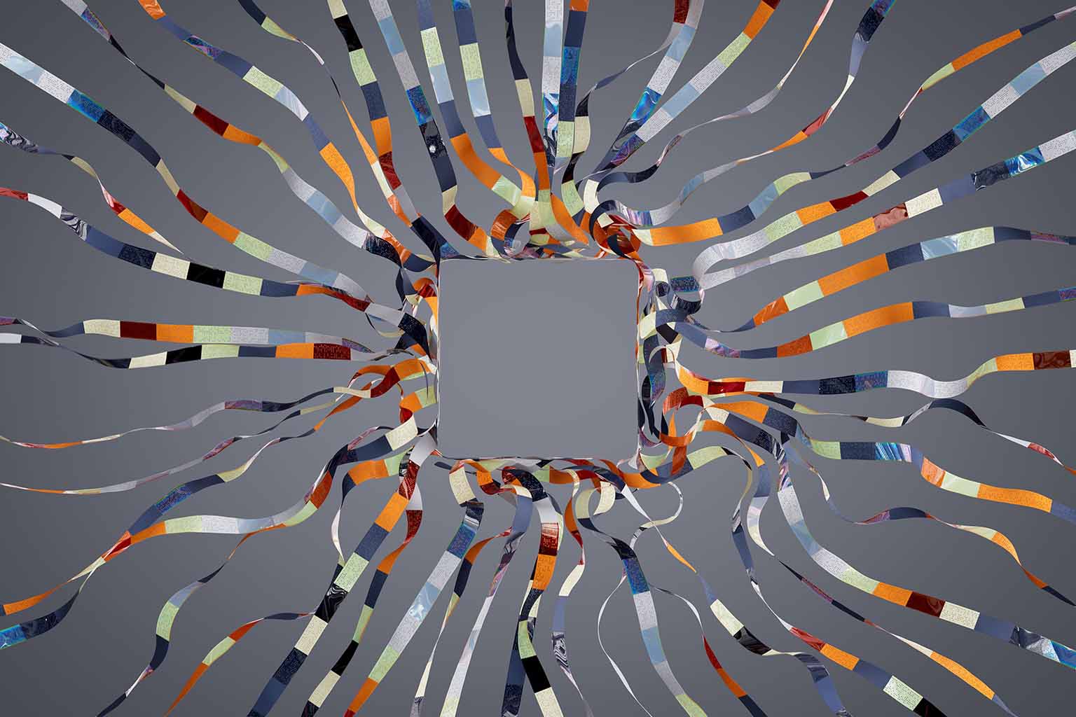 Colourful strips pull inward and gather at the centre of the frame to create a square shape against a grey background