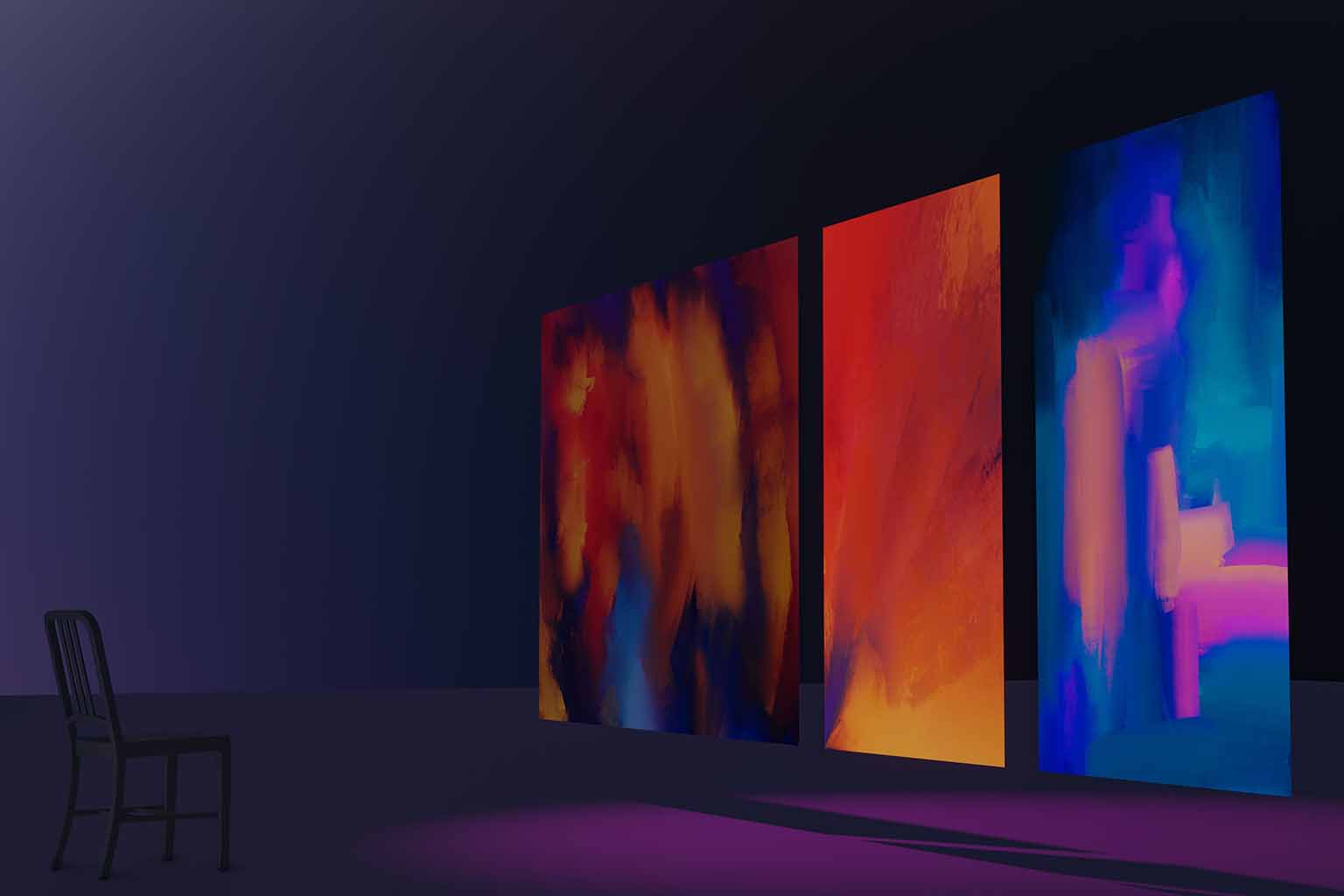 A triptych artwork exhibited in a dark art gallery across an empty chair