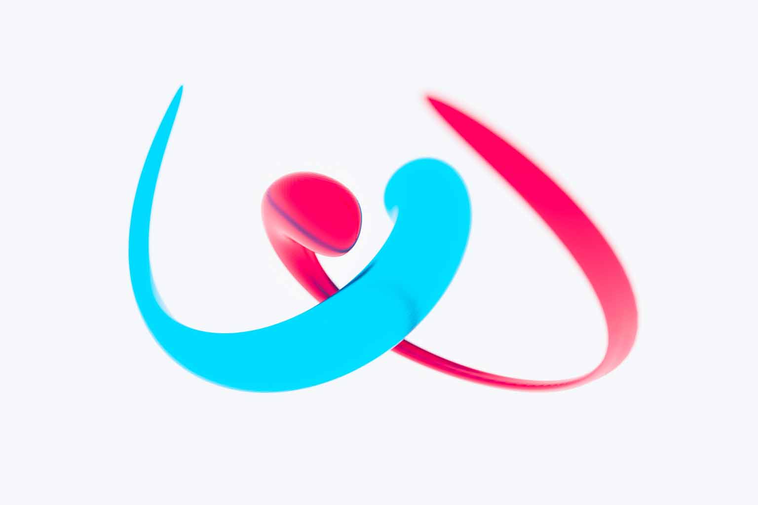 A red apostrophe and a blue apostrophe gravitating around one another