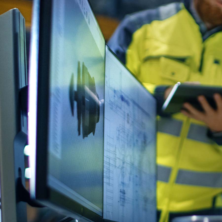 two workers with safety gear on in workhop